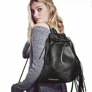 Victoria’s Secret Black Faux Leather Fringe Drawstring Backpack